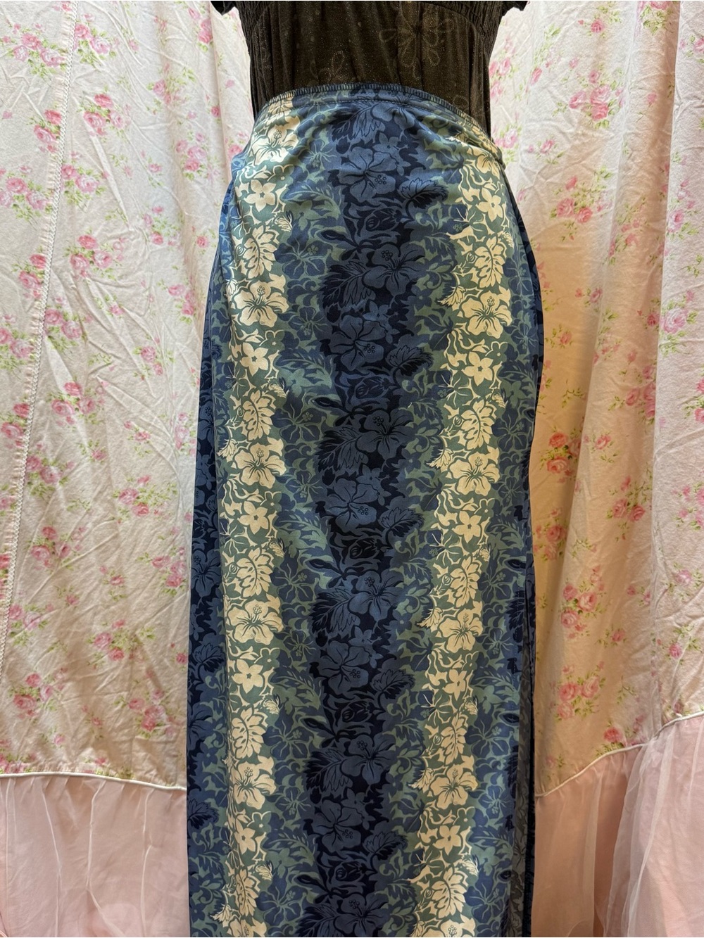 Blue and White Floral Panel Maxi Skirt